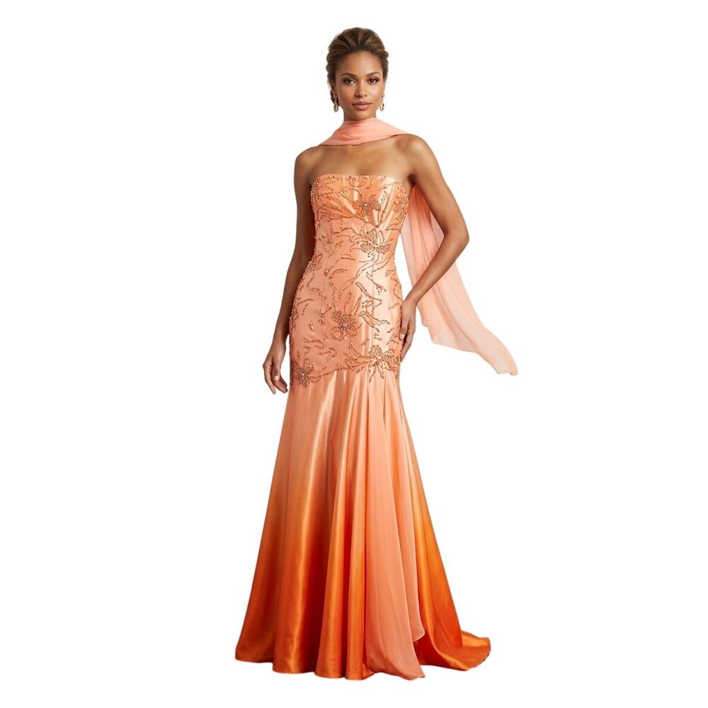 Jovani Couture Beaded Strapless Evening Gown Peach Orange Women's Size 4